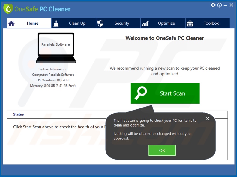 Aplicação indesejada de OneSafe PC Cleaner