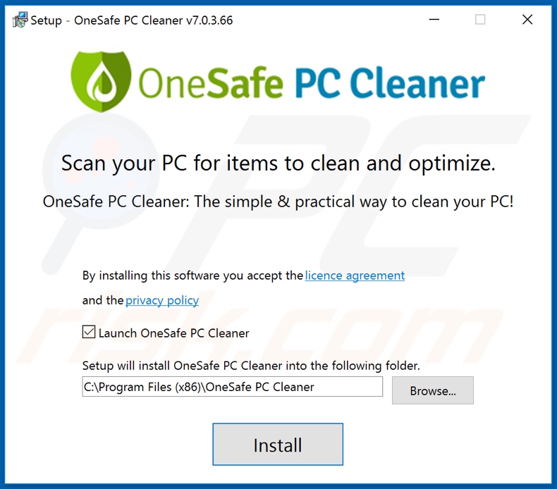 Configuração de instalação de OneSafe PC Cleaner