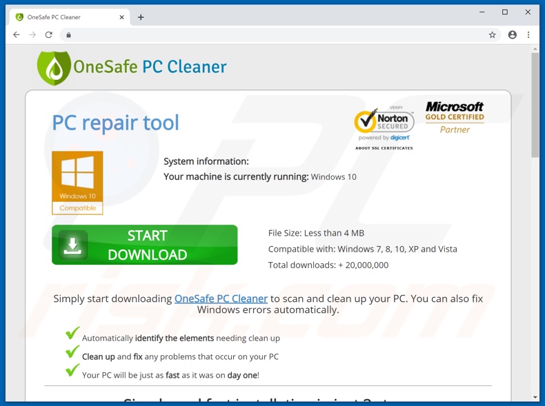 Aplicação OneSafe PC Cleaner