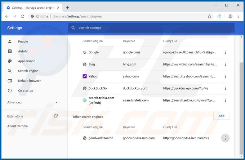 Removendo search.relola.com do mecanismo de pesquisa padrão do Google Chrome