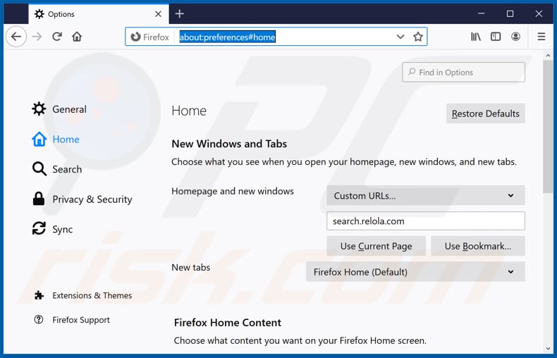 Removendo a página inicial search.relola.com do Mozilla Firefox