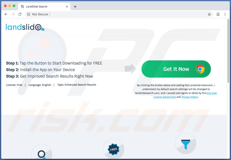 site que promove a app indesejada do Landslide Search