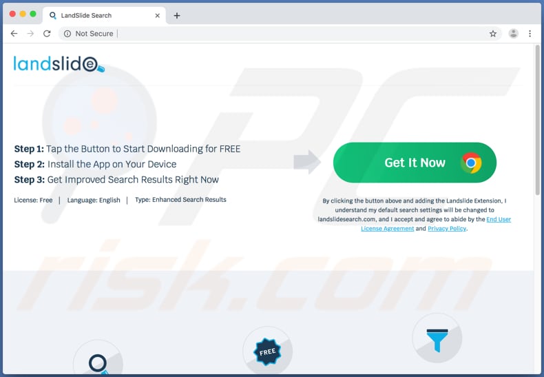 site que promove a app indesejada do Landslide Search