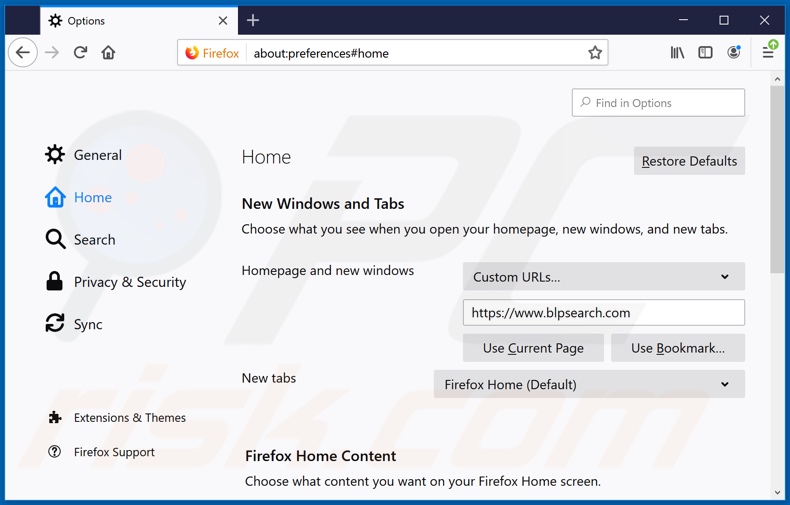 Removendo o blpsearch.com da página inicial do Mozilla Firefox