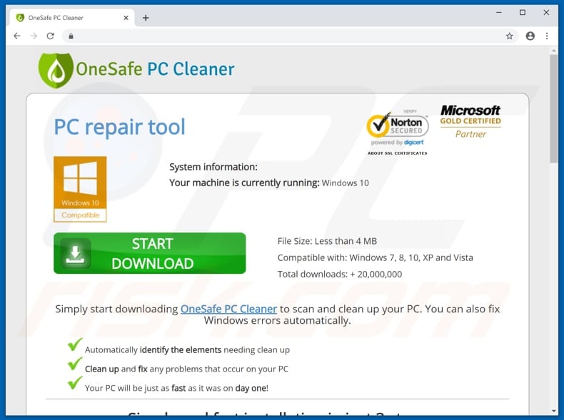 Site que promove a app indesejada de OneSafe PC Cleaner
