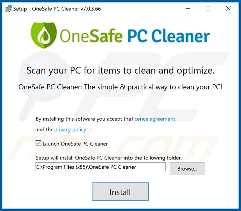 Configuração de instalação de OneSafe PC Cleaner