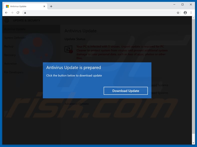 pop-up falso de sistema operacional Your PC is infected with 5 viruses