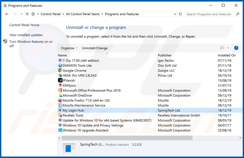 Desinstalador do sequestrador de navegador hp.hmyloginhub.co via Painel de Controlo