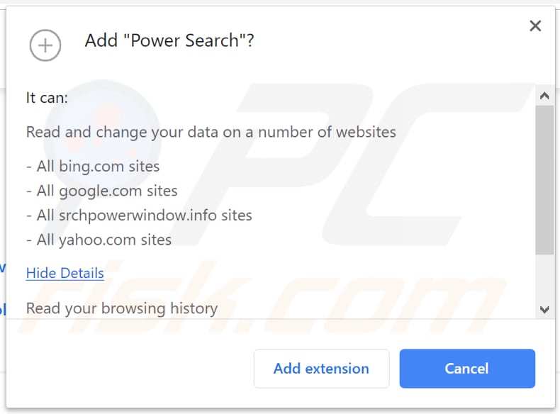 O sequestrador de navegador do Power Search deseja uma permissão para aceder e alterar vários dados 