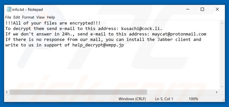 Ficheiro de texto do ransomware Adair (info.txt)