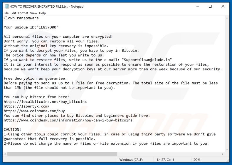 ficheiro de texto ransomware Clown (HOW TO RECOVER ENCRYPTED FILES.txt) (HOW TO RECOVER ENCRYPTED FILES.txt)