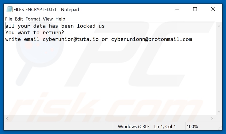 Ficheiro de texto do ransomware CU (FILES ENCRYPTED.txt)