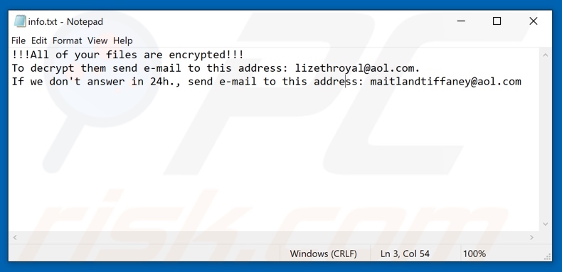 Ficheiro de texto do ransomware Dever (info.txt)