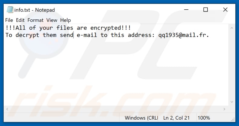 Ficheiro de texto do ransomware Devos (info.txt)