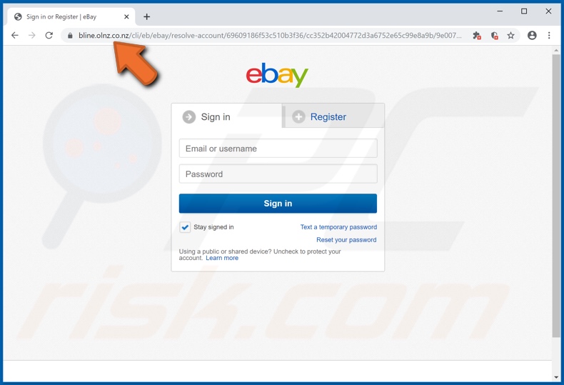 site de phishing promovido por eBay Email Scam