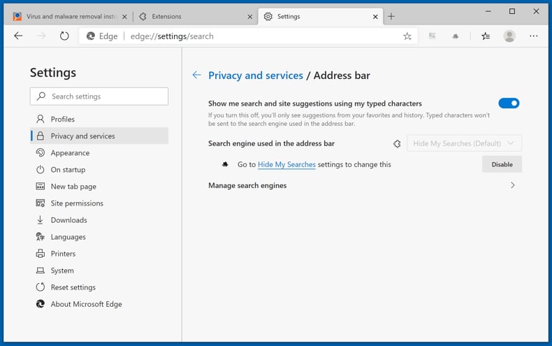 Removendo os sequestradores de navegador do Microsoft Edge passo 3