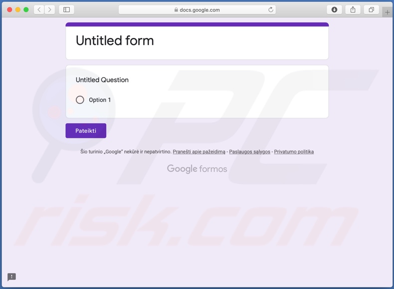 Pesquisa do Google Forms promovida por esta variante do e-mail fraudulento