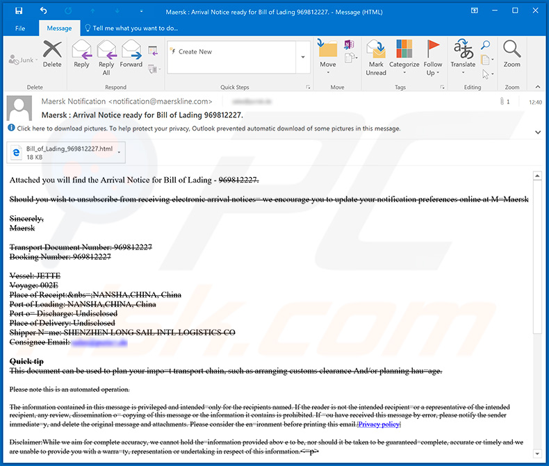 email de spam Maersk utilizado para phishing