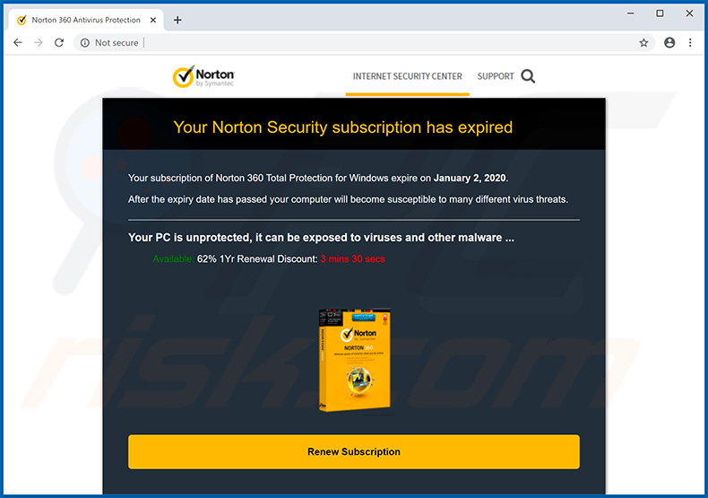  pop-up da fraude Norton Subscription Has Expired Today
