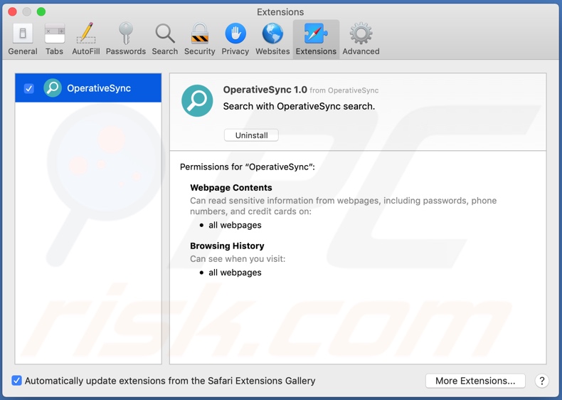 Adware OperativeSync instalado no navegador Safari