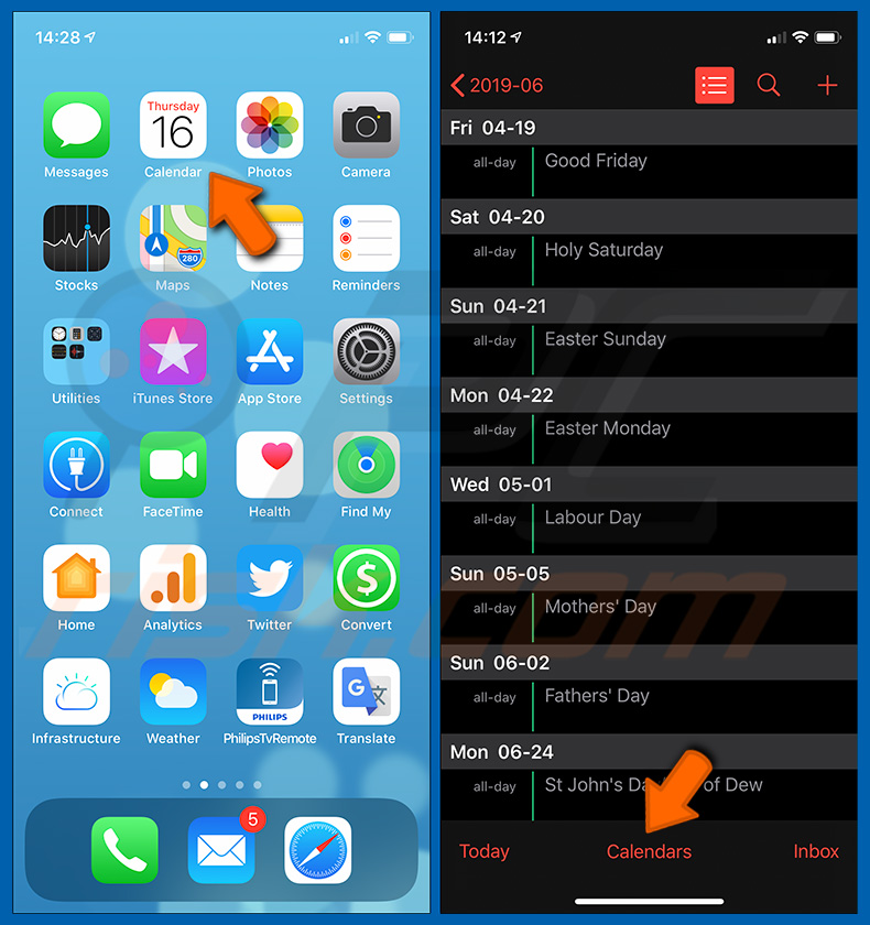 Removendo calendários fraudulentos de dispositivos móveis Apple (passo 1)