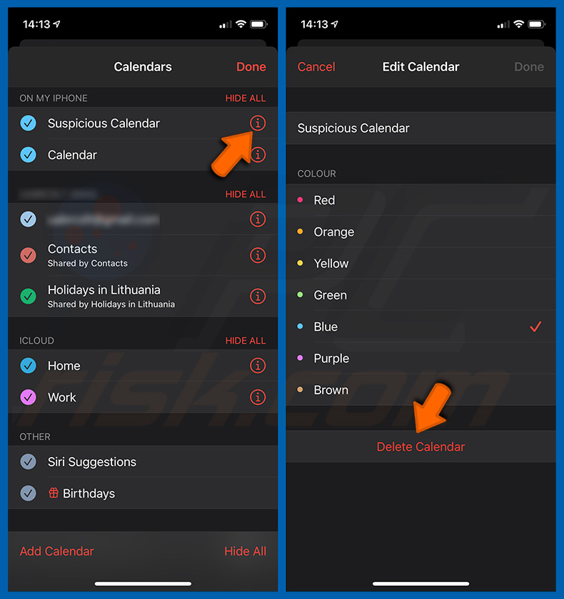 Removendo calendários fraudulentos de dispositivos móveis Apple (passo 2)