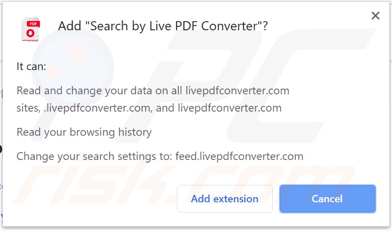 Pesquise pelo sequestrador de navegador do Live PDF Converter solicitando permissões