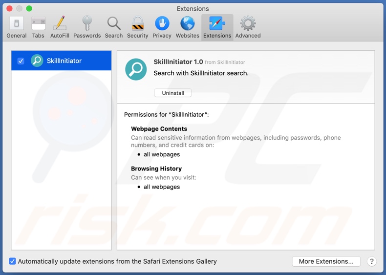 Adware SkillInitiator instalado no Safari