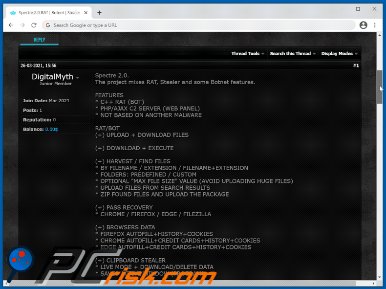 Trojan de acesso remoto Spectre oferecido por causa dos fóruns pirata (GIF)