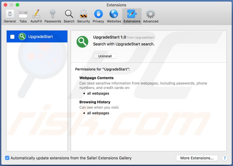 adware upgradeestart instalado no navegador safari