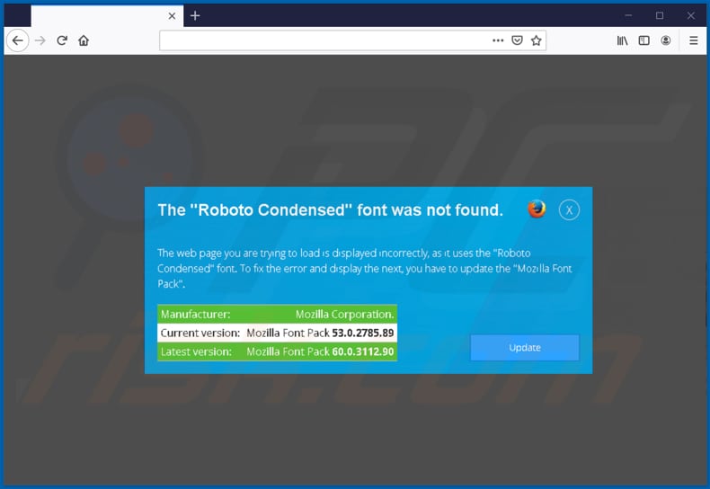 Página da fraude malware do zloader a incentivar o descarregamento de uma fonte no mozilla