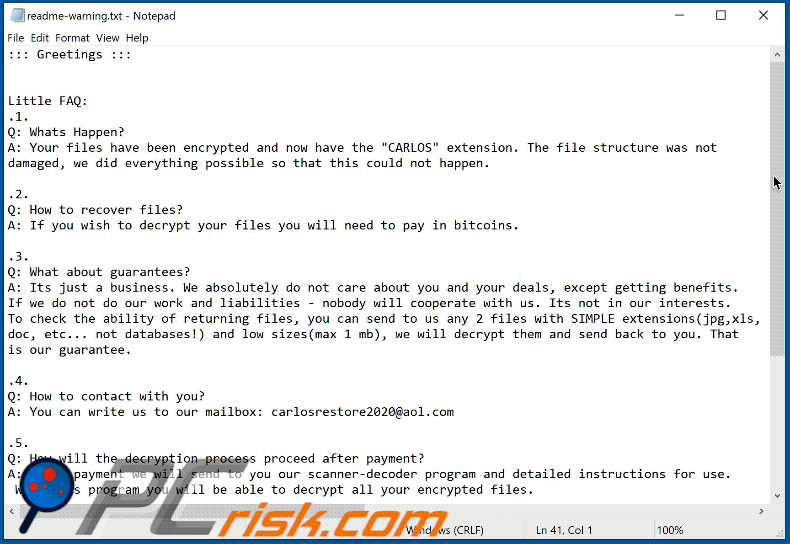 nota de resgate do ransomware CARLOS gif (readme-warning.txt)