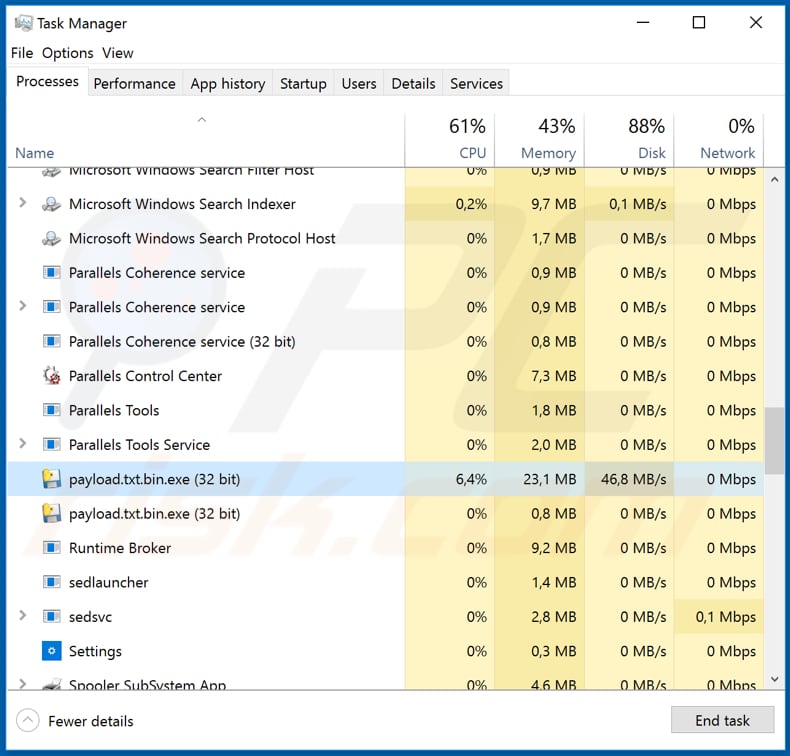 demon payload.txt.bin.exe processo malicioso no gestor de tarefas