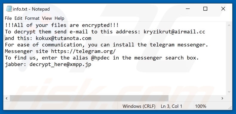 Ficheiro de texto ransomware dewar (info.txt)