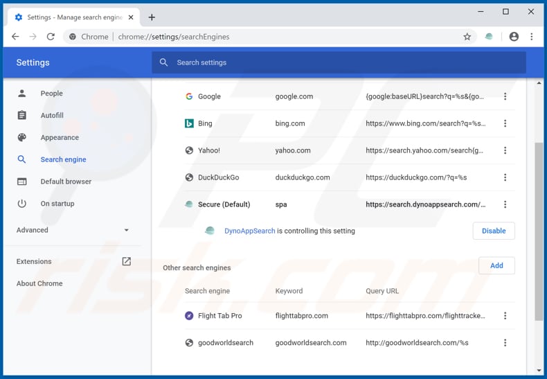 Removendo o dynoappsearch.com do mecanismo de pesquisa padrão do Google Chrome