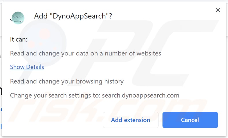 O sequestrador de navegador dynoappsearch solicita uma permissão para modificar e ler dados