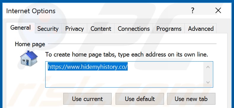 Removendo o hidemyhistory.co da página inicial do Internet Explorer