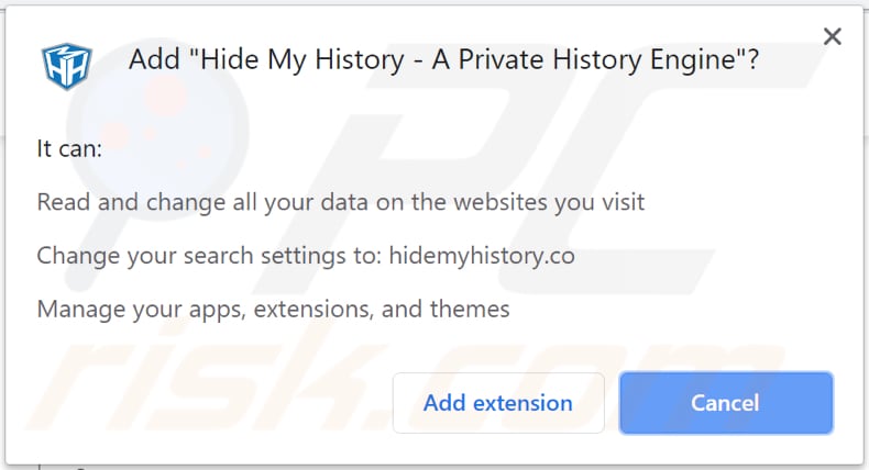 o sequestrador de navegador hide my history solicita uma permissão para aceder e modificar dados