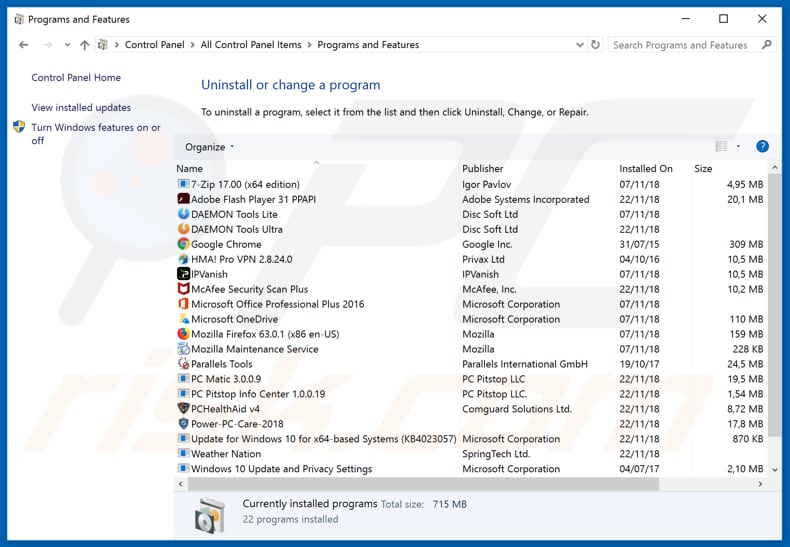 Desinstalador do sequestrador de navegador hidemyhistory.co via Painel de Controlo