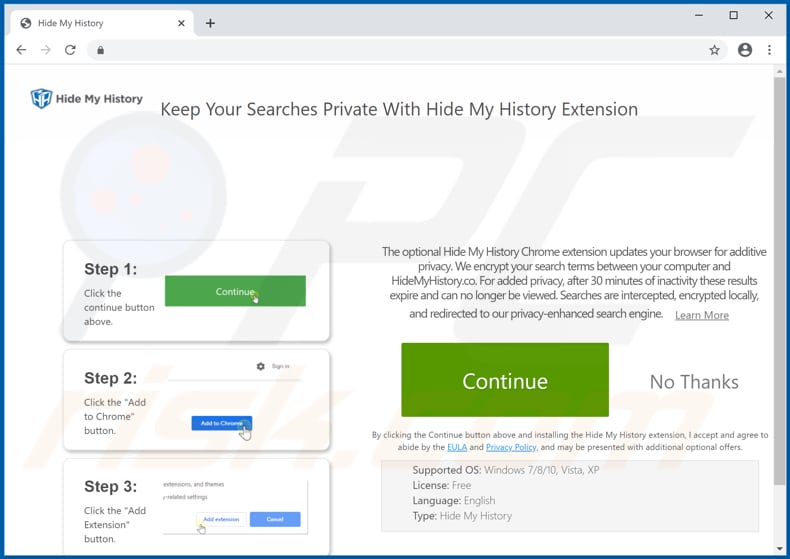 Site usado para promover o sequestrador de navegador Hide My History