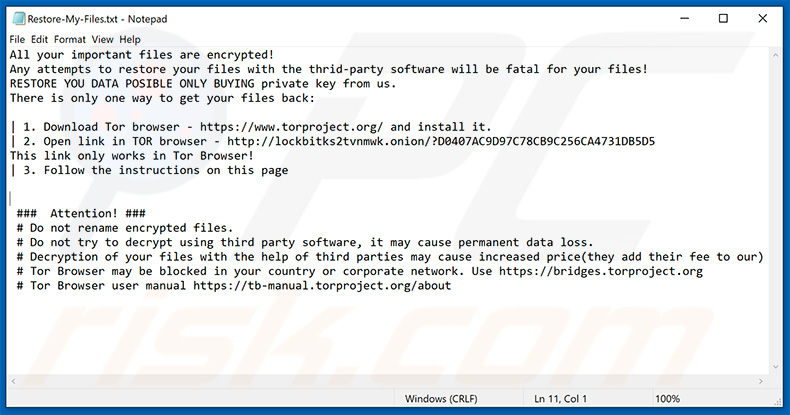 Nota de texto atualizada do ransomware LockBit (Restore-My-Files.txt)
