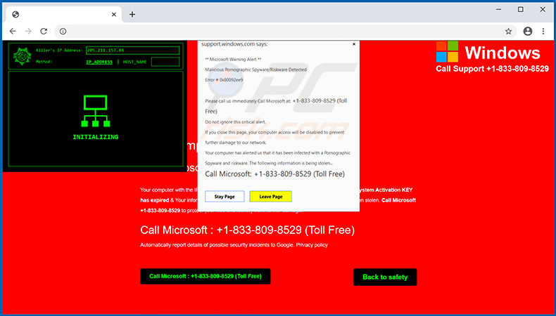 pop-up da fraude Microsoft Warning Alert Killer IP Address