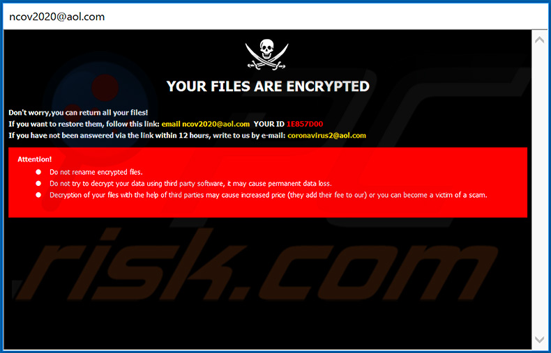 Janela pop-up exibida pelo ransomware Ncov atualizado