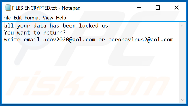 Ficheiro de texto do ransomware Ncov atualizado - FILES ENCRYPTED.txt
