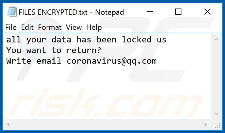 Ficheiro de texto do ransomware ncov (FILES ENCRYPTED.txt)