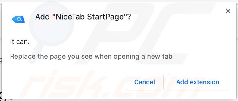 Sequestrador de navegador NiceTab StartPage a pedir permissões