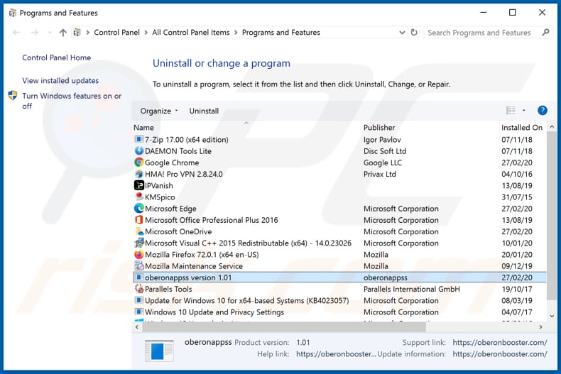 Desinstalação do adware OBERONBOOSTER através do Painel de Controlo