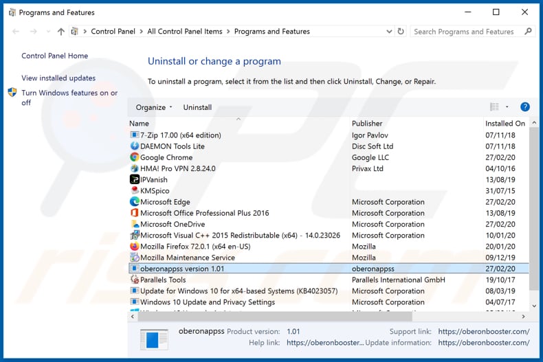 Desinstalação do adware OBERONBOOSTER através do Painel de Controlo