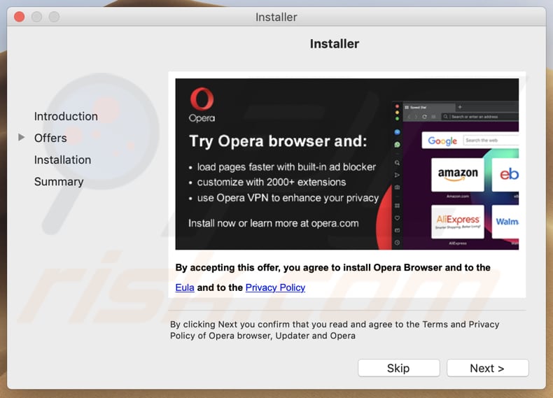 instalador fraudulento do adobe flash player promovendo Opera
