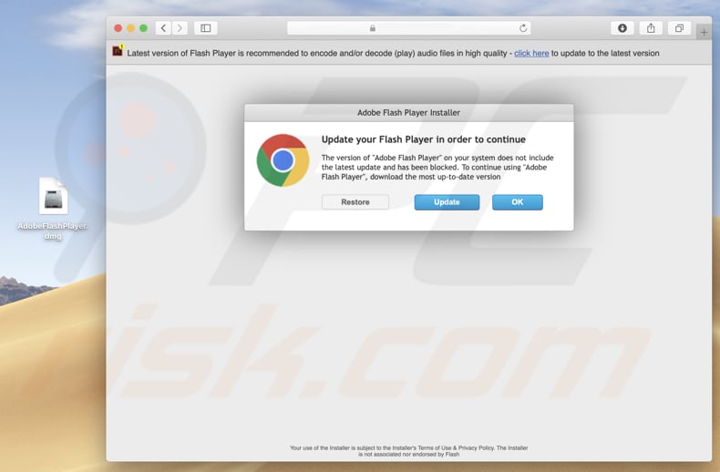 Site fraudulento que promove o instalador falso do Adobe Flash Player que instala o Opera